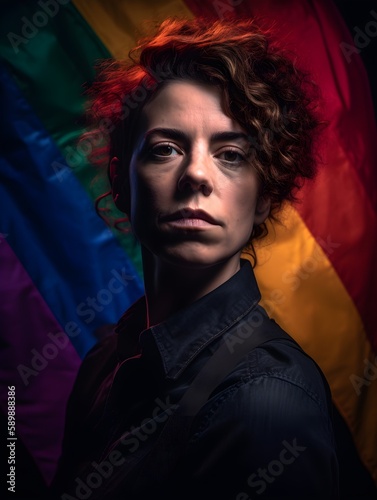 European person stands confidently in front of a rainbow flag, a symbol of LGBT pride and acceptance, AI-generated