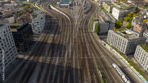 sunny day zurich city center traffic railways aerial panorama 4k timelapse switzerland 