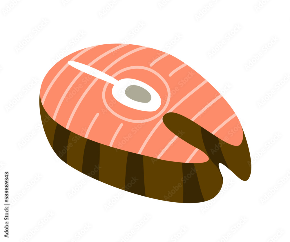 Healthy food icon. Colorful sticker with fresh salmon steak. Tasty fish or seafood protein source. Healthy lifestyle and diet. Cartoon flat vector illustration isolated on white background Healthy food icon. Colorful sticker with fresh salmon steak. Tasty fish or seafood protein source. Healthy lifestyle and diet. Cartoon flat vector illustration isolated on white background