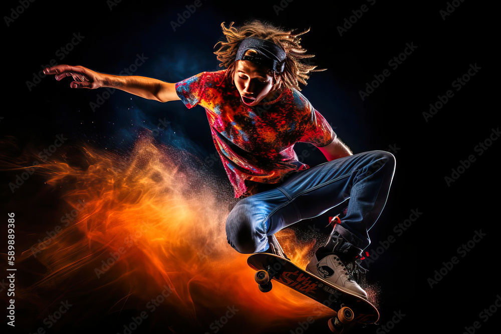Skateboarder performing a trick jump, vibrant colors, dark background with orange, blue particles.