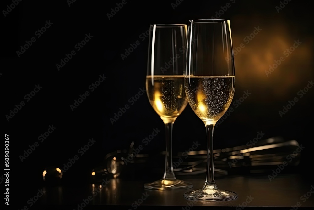 Glasses with golden champagne on a dark background. Generative ai.