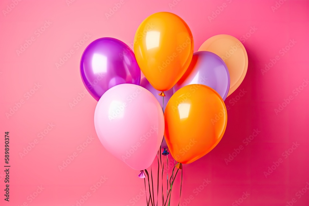 Multicolored festive helium balloons on a pink background. Generative ai.