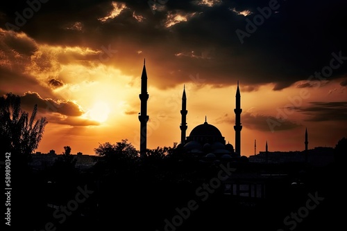 Islamic temple silhouette at sunset. Generative ai.