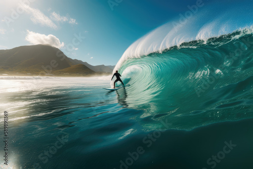 Surfer riding waves created with AI 