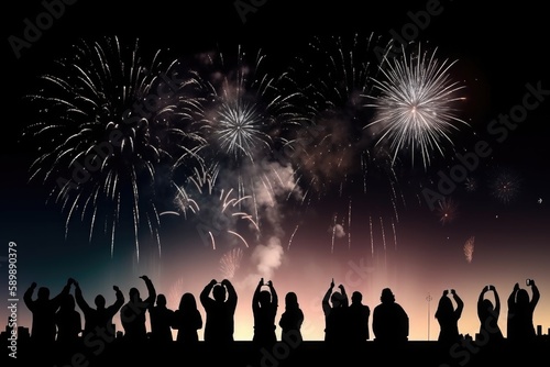 Party and celebration, people silhouettes enjoy fireworks. Generative ai.