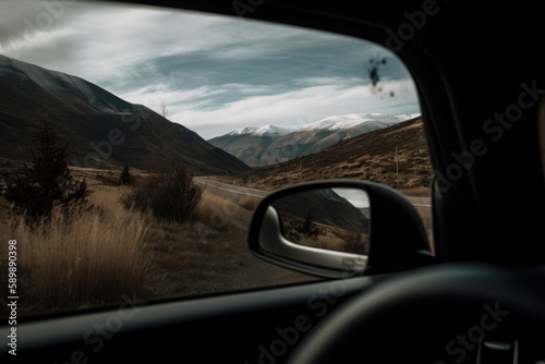 Traveling in a car, view of the mountains from the window. Generative ai.