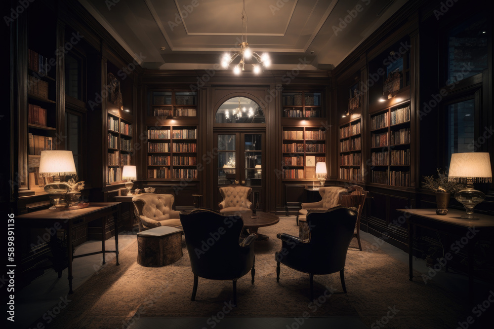 Library with soft lighting created with AI