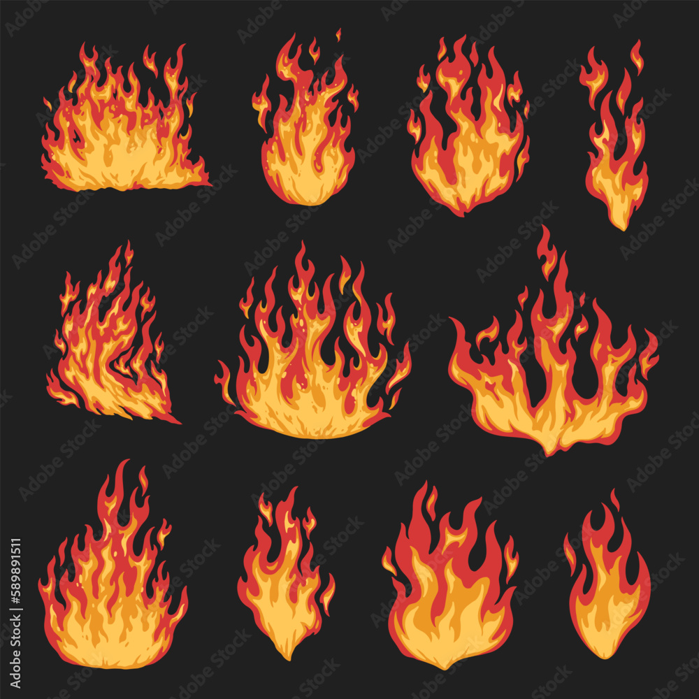 Blazing fire colorful set emblems