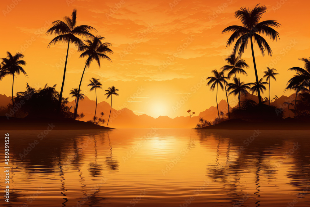 Tropical paradise with palm trees during sunset created with AI