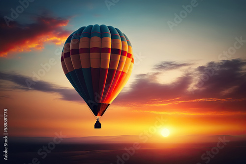 balloon flying in sky at sunset in summer. Generative AI illustration