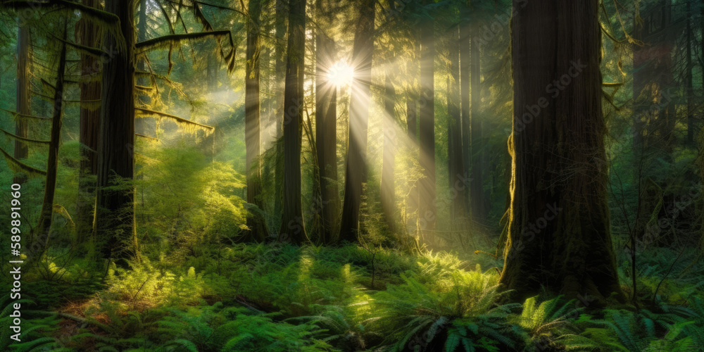 The beauforest, sun, summer, nature, tree, clearing, sunbeam, sunlight, yellow, dark, mystic, magic, beauty, countryside, environment, atmosphere, peaty and serenity of nature in forest. Generative AI