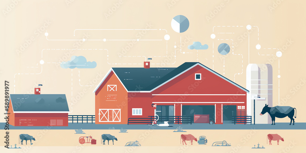 Smart Livestock Management: A High-tech Flat-style Illustration Of A 