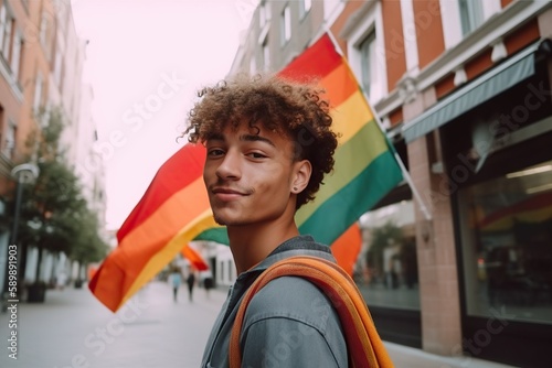Portrait of cheerful young afro transgender man, walking down the street, with a rainbow flag in the background. Gay pride, celebration, freedom and lgtbq+ concept. Image generated with AI