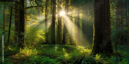 The beauforest  sun  summer  nature  tree  clearing  sunbeam  sunlight  yellow  dark  mystic  magic  beauty  countryside  environment  atmosphere  peaty and serenity of nature in forest. Generative AI