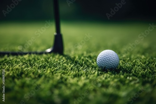 golf ball and club on a green grassy course. Generative AI