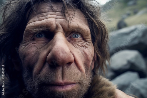 Neanderthal man takes a close-up selfie - ai generative photo