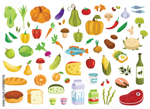 Healthy food set. Stickers with vegetables, fruits, dairy, meat and cheese for healthy diet. Organic natural products with nutrients. Cartoon flat vector collection isolated on white background