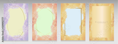 Set of watercolor covers with gold frame. Backgrounds with pastel colors for invitations, elegant brochures: delicate and soft effect