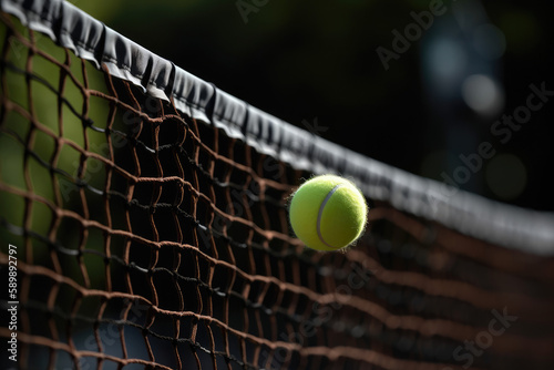Tennis ball flying over court net created with AI © thejokercze