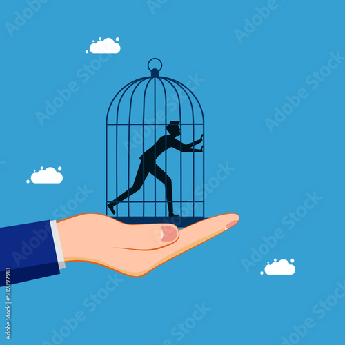 man in the cage of authority. Imprisonment or lack of freedom of choice. business concept vector