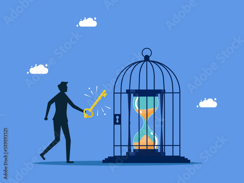 Release the freedom of time. Value of time. man uses key to release clock from birdcage vector