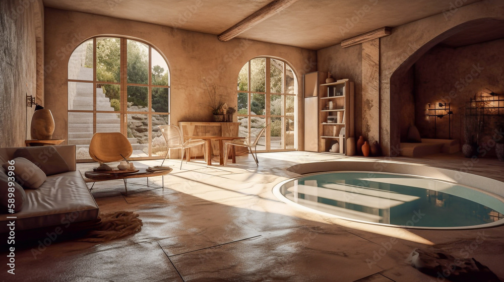A comfortable modern stone indoor pool - ai generative A comfortable modern stone indoor pool - ai generative