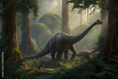 Brachiosaurus in the jungle created with AI © thejokercze