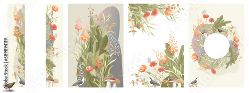 set of vector frames with forest birds, mushrooms, berries and flowers