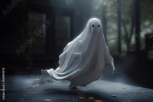 Halloween ghost, flying spirit in sheet with empty eyes on doorstep of house on mysterious foggy evening. Generative AI