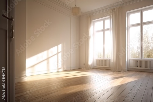 White empty room mock-up with brown curtain, white door and wood floor | modern empty living room interior design | Interior with blank wall | Large empty room, Generative AI
