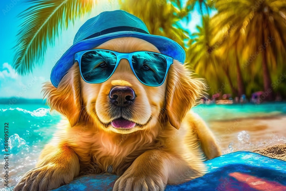 Dog in panama hat and sunglasses at tropical resort. AI genarated