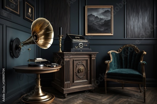 gramophone, wooden cabinet, dark interior, generative Ai