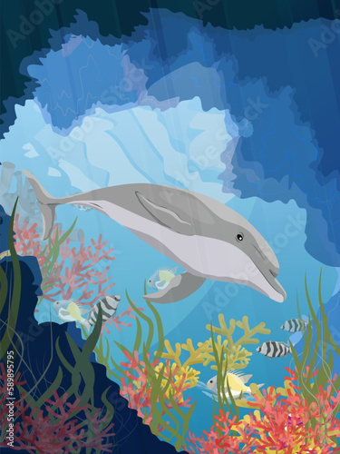 Common bottlenose dolphin swims into the spawning cave with green algae, corals, tropical fish and other sea creatures. Realistic vector vertical underwater landscape