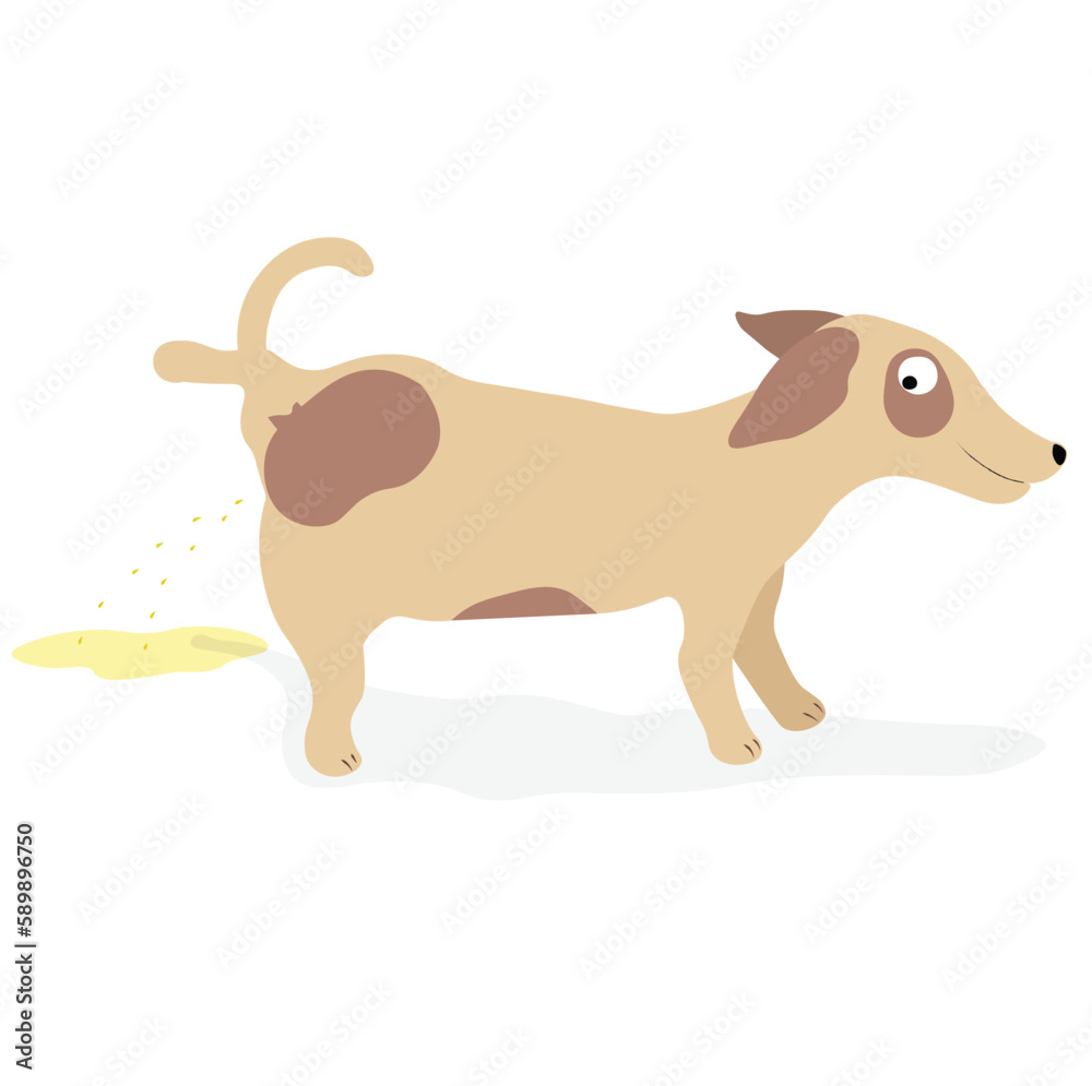 Peeing dog colored flat illustration in cartoon style. Colored vector isolated on white background. Collection of cute pets.