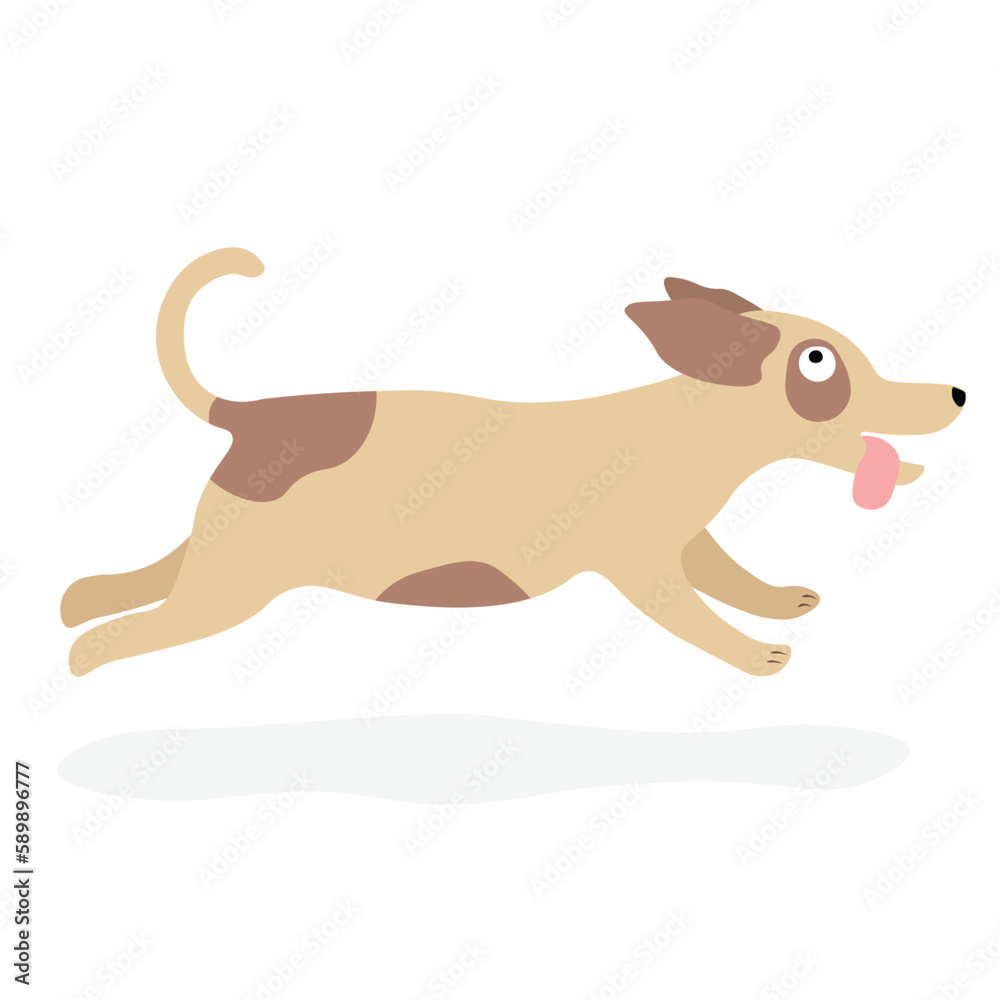 Running dog sticks out tongue colored illustration in cartoon style. Colored vector isolated on white background. Collection of cute pets.