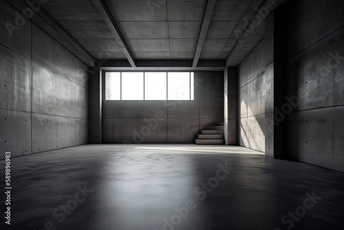 an empty concrete room with stairs. Generative AI © 2rogan