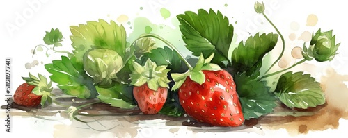 Juicy Berry Beauty  Watercolor Illustration of Ripe Strawberry with Lush Green Leaves, Generative AI