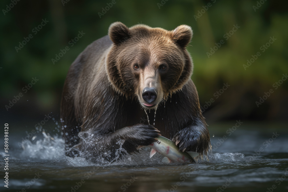 Bear catching salmon in the river created with AI