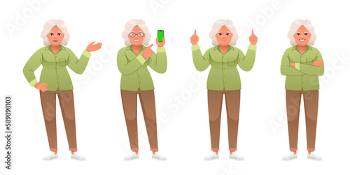 An elderly woman stands with her arms crossed, pointing at something, with a smartphone in her hand. An old white woman with gray hair stands in various poses. Grandmother