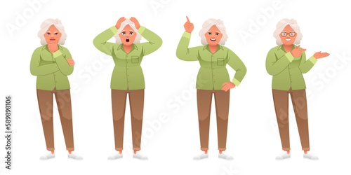 An old white woman stands thinking over something, points to something, in a panic holds her head with her hands. Grandmother in full growth character set. An elderly woman with gray hair