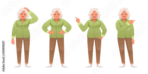 Grandmother is dissatisfied with her hands on her hips, points to something, thinks about something. An old white woman with gray hair stands in various poses. Elderly woman