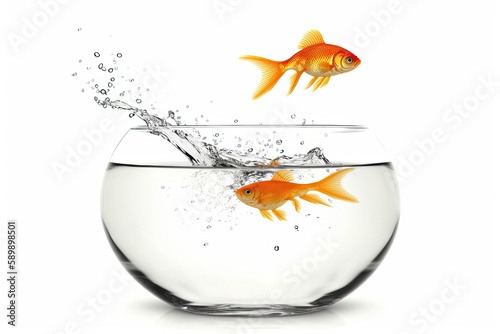 Goldfish jumping from fishtank with water splash isolated on white background. Generative AI