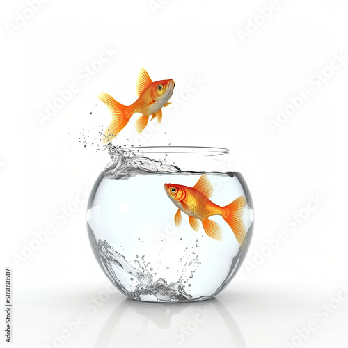 Two goldfish jumping out of water from fishbowl. Isolated on white background. Generative AI