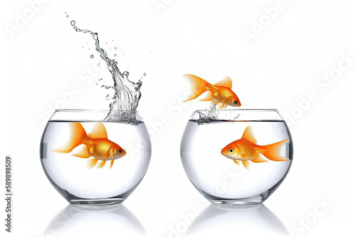 Goldfish jumping out of the water  from one fishbowl to another isolated on white background. Generative AI
