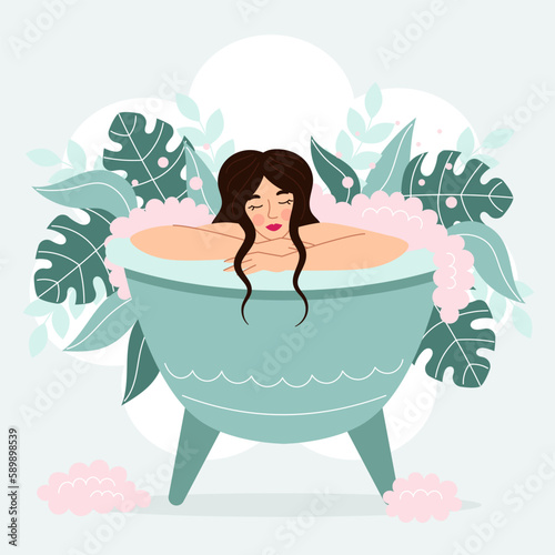 Beautiful brunette woman in bathtub with pink foam. Relaxation, spa, body care. Vector illustration in cartoon flat style.