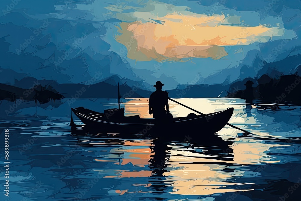 lone fisherman in a boat on a calm lake at sunset. Generative AI