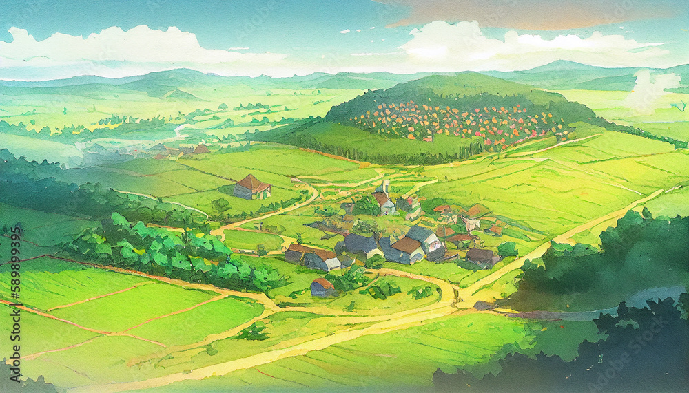 A charming illustration of a green village surrounded by lush gardens, creating a peaceful and idyllic scene