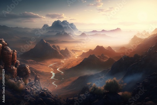 a panoramic view of a serene mountain range in a desert created with Generative AI technology © ArtiStock