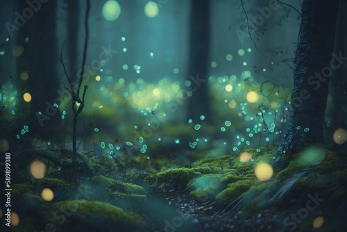 bioluminescent fireflies dancing in the misty forest abstract view created with Generative AI technology © ArtiStock