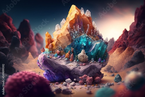 colorful gemstones in a glittering crystalline landscape growing crystals created with Generative AI technology